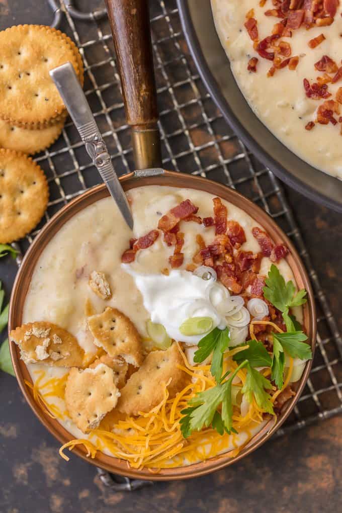 It doesn't get more comforting than LOADED BAKED POTATO SOUP. Creamy hearty soup loaded with bacon, potatoes, cheese, sour cream, and so much more. Warms the soul.
