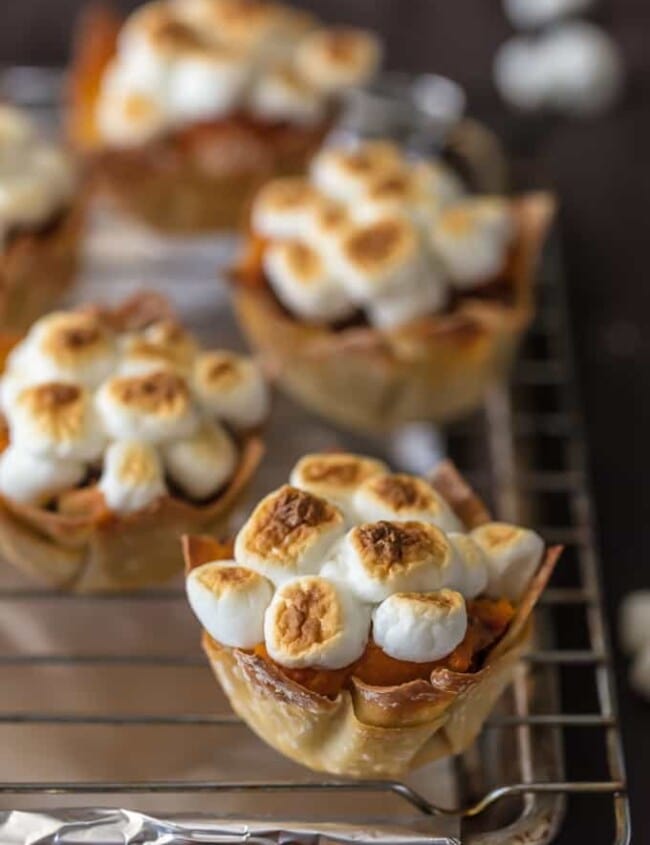 Wow your Thanksgiving guests with MINI SWEET POTATO SOUFFLE CUPS! It doesn't get cuter than wonton cups stuffed with sweet potato souffle and topped with toasted marshmallows.