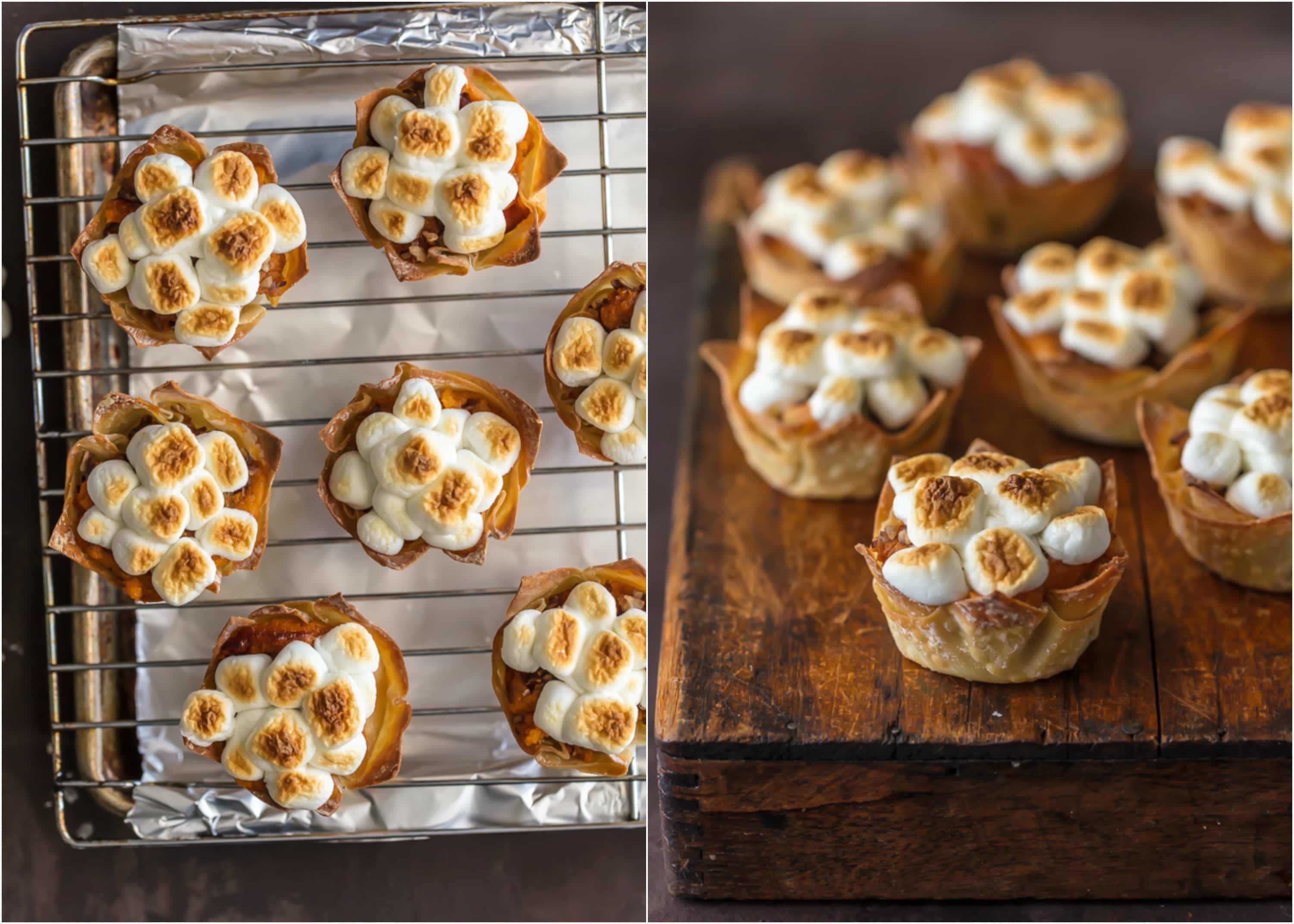 Wow your Thanksgiving guests with MINI SWEET POTATO SOUFFLE CUPS! It doesn't get cuter than wonton cups stuffed with sweet potato souffle and topped with toasted marshmallows.