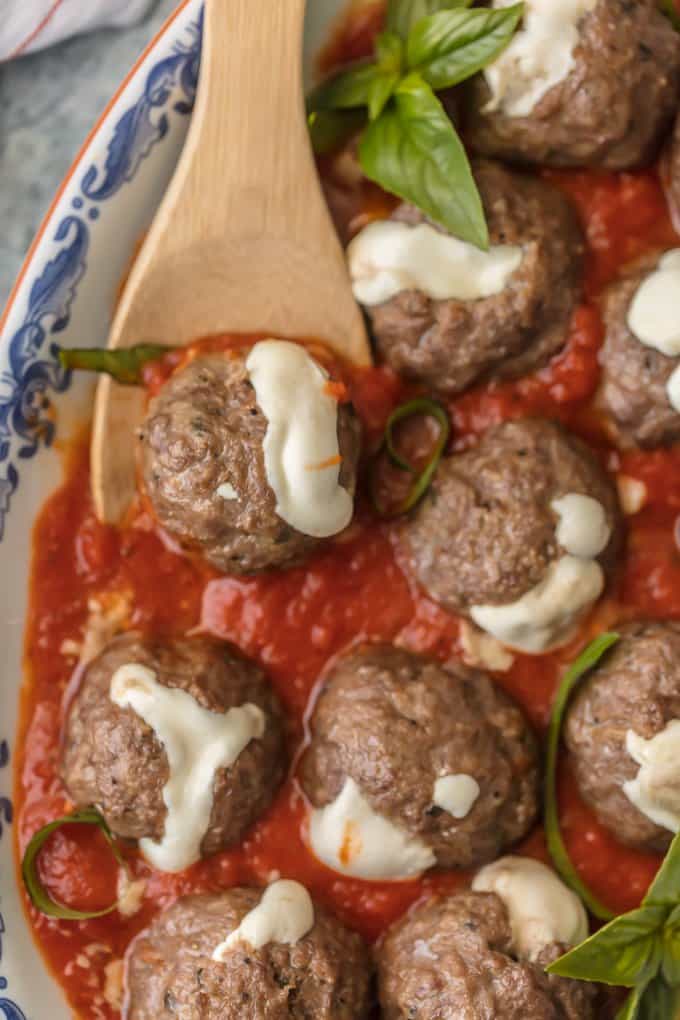 Mozzarella Stuffed Italian Meatballs with marinara