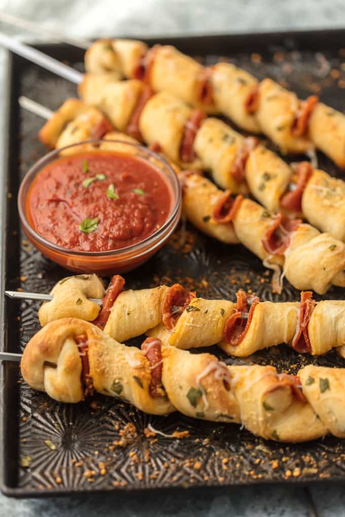 Pepperoni Pizza Sticks on a baking tray
