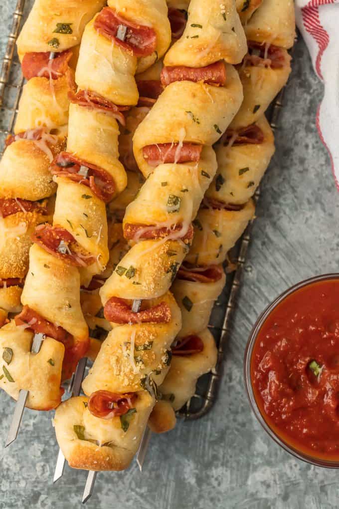 Pepperoni pizza sticks on skewers