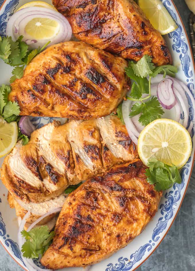 top view of juicy chicken on plate