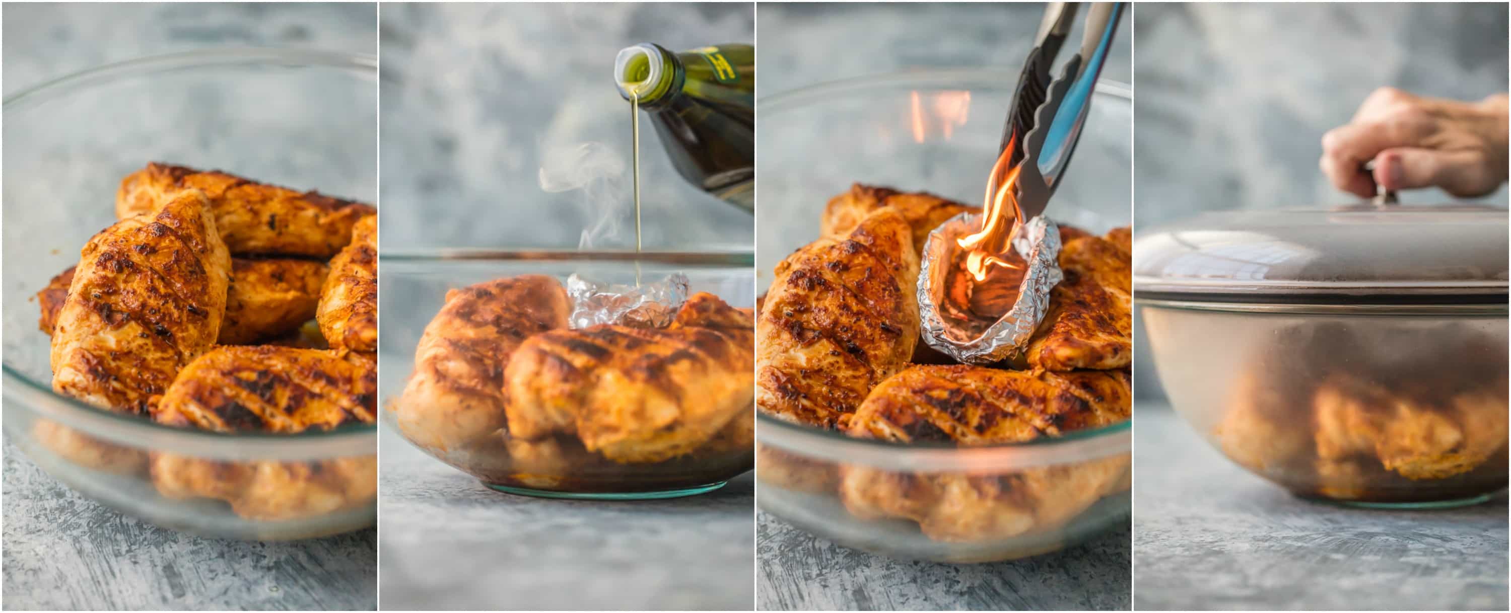 photo collage of chicken tandoori being smoked