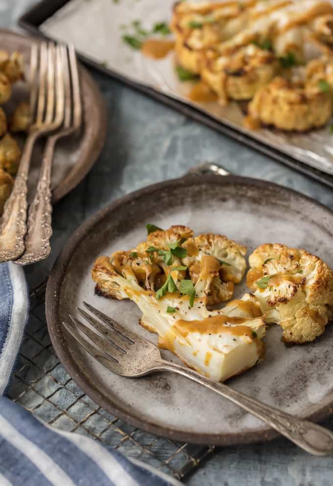 Thai Peanut Roasted Cauliflower Steak on a plate 