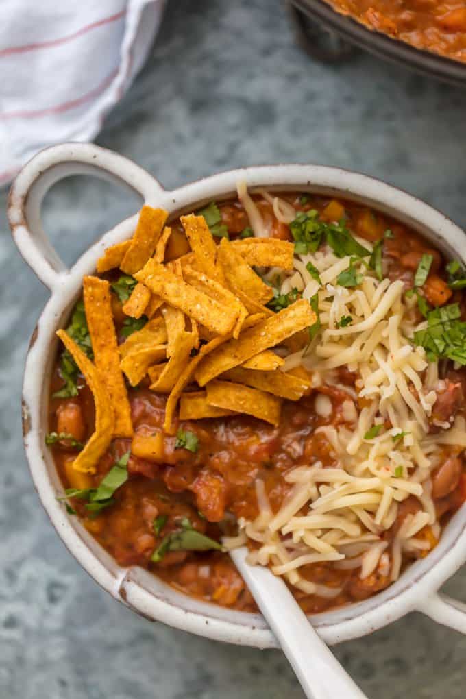 Best Vegetarian Chili recipe in a white bowl