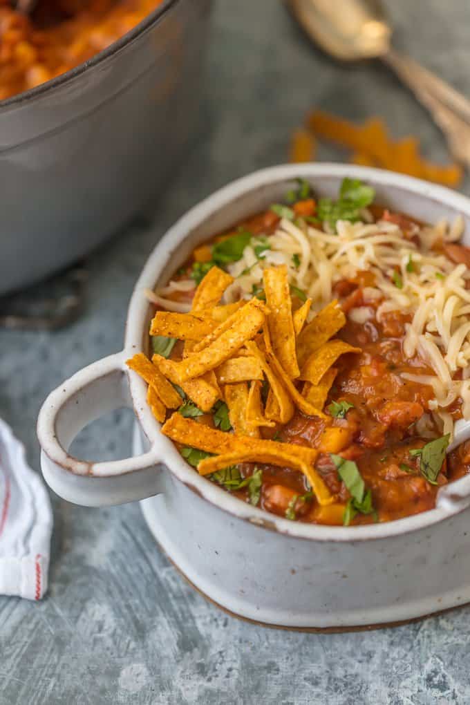 Vegan chili in a white bowl