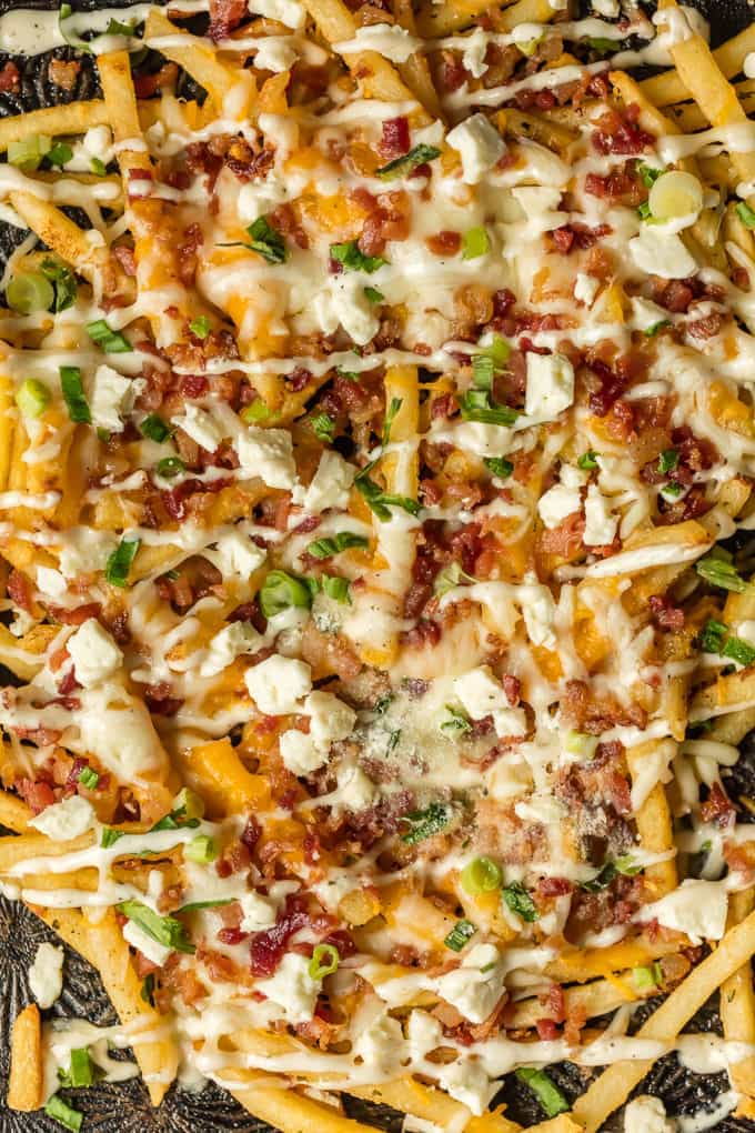 a detailed view of the fries and the toppings of cheese, bacon, ranch dressing, and green onion