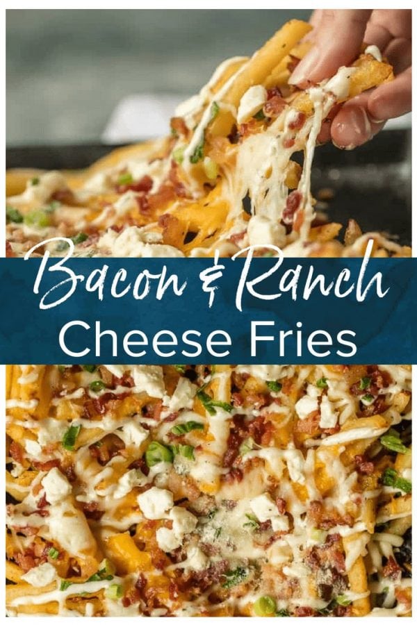 Nothing makes game day delicious more than 3 CHEESE BACON RANCH FRIES. This easy and fun appetizer takes crispy fries and tops them with ranch seasoning, bacon, cheddar, mozzarella, and feta.