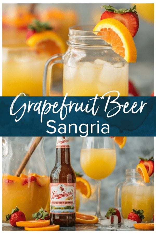 This FESTIVE GRAPEFRUIT BEER SANGRIA is simple, delicious, and so pretty! Grapefruit Shandy, orance juice, and ginger ale is all you need. Garnish with fruit and you're in business!