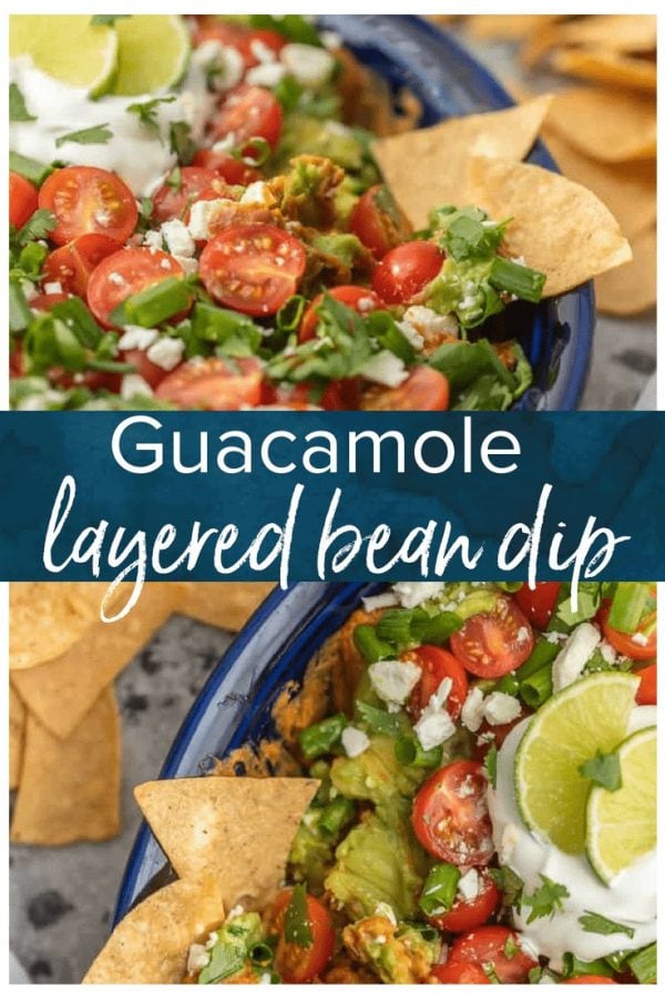 This CRAZY GOOD GUACAMOLE BEAN DIP is layered with spicy refried beans, guacamole, green onion, tomatoes, feta, and more. SO delicious and made in minutes! We LOVE this layered bean dip recipe!