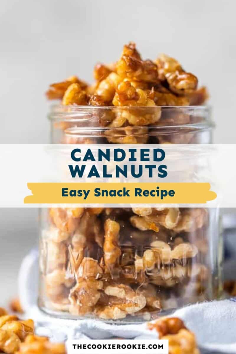 A jar of candied walnuts, an easy snack made from a delicious recipe.