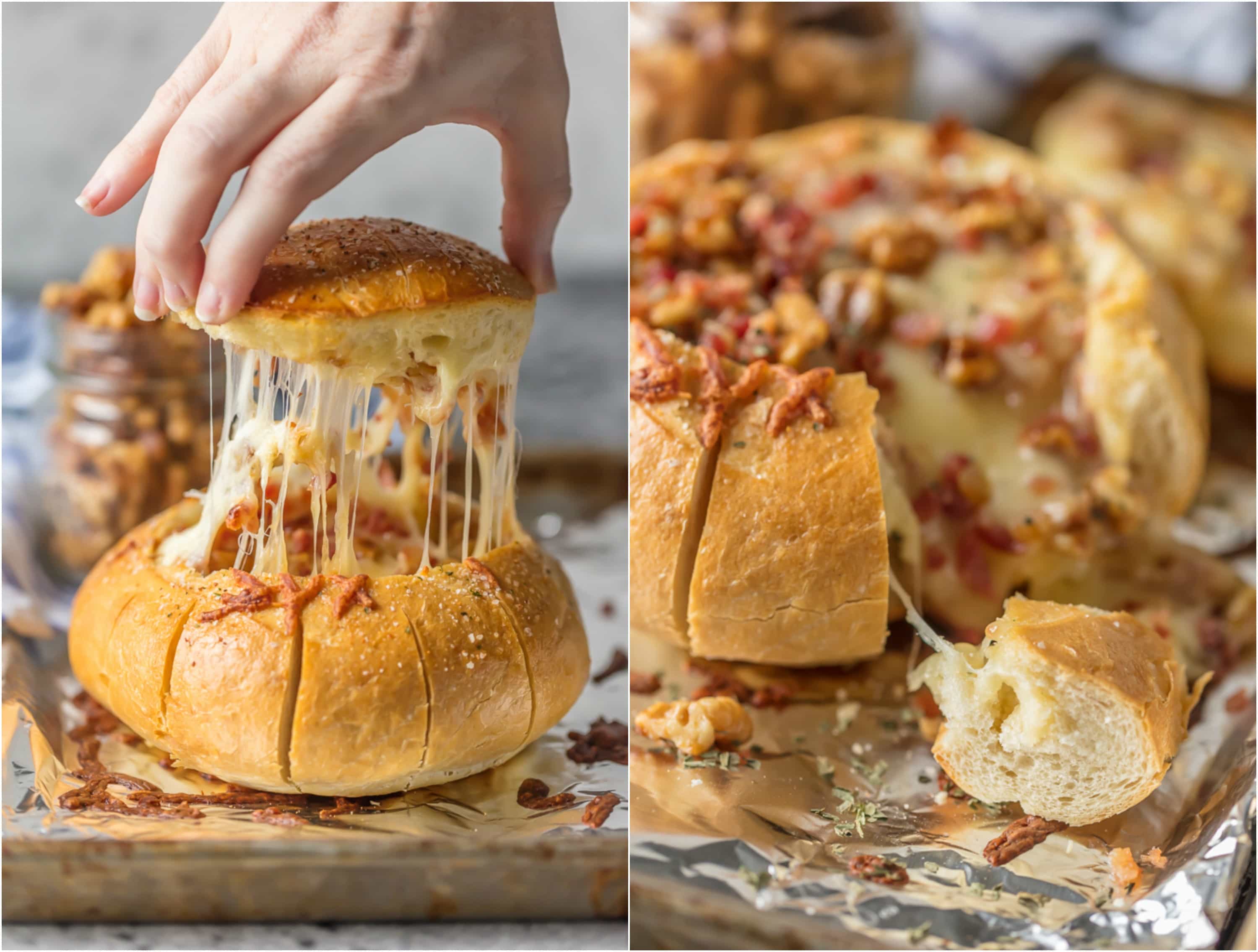 This Baked Brie Bread Bowl with Bacon and Candied Walnuts is A MUST at your holiday table! This Baked Brie Recipe is the ultimate holiday appetizer that all cheese lovers will devour! A Baked Brie Bowl loaded with candied walnuts and crispy bacon is SO easy and full of flavor. Best easy appetizer recipe!