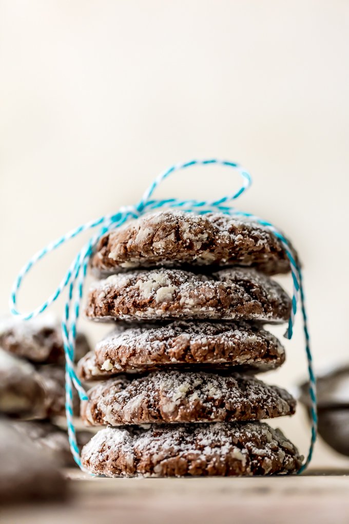 chocolate gooey butter cookies stacked and tied with string
