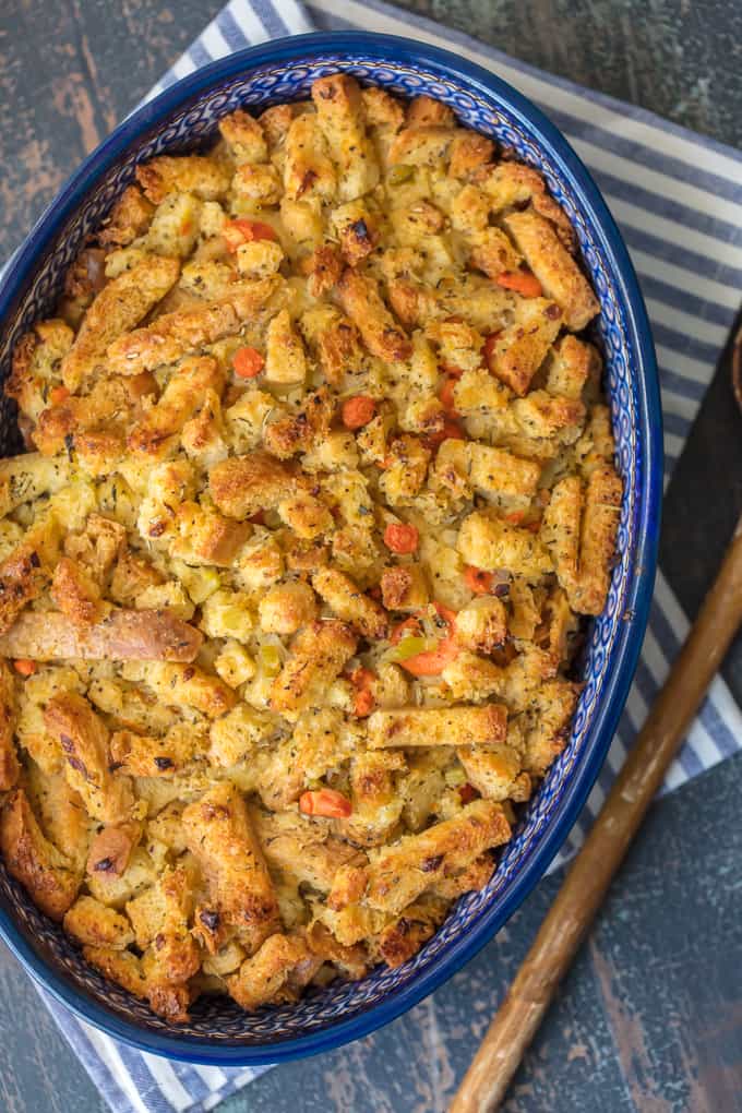Homemade stuffing recipe in blue serving dish