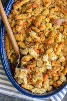 This Turkey Stuffing Recipe is a must make for Thanksgiving and Christmas! Your holiday table wouldn't be complete without Homemade Turkey Stuffing and I'm here to show you how to make homemade stuffing! You cannot go wrong with this classic stuffing during the holidays. This Classic Stuffing Recipe has so much flavor, crunch, and goodness.