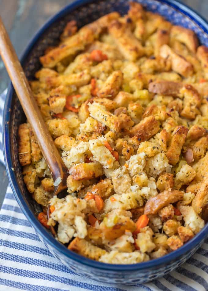 Homemade Turkey Stuffing in large blue dish