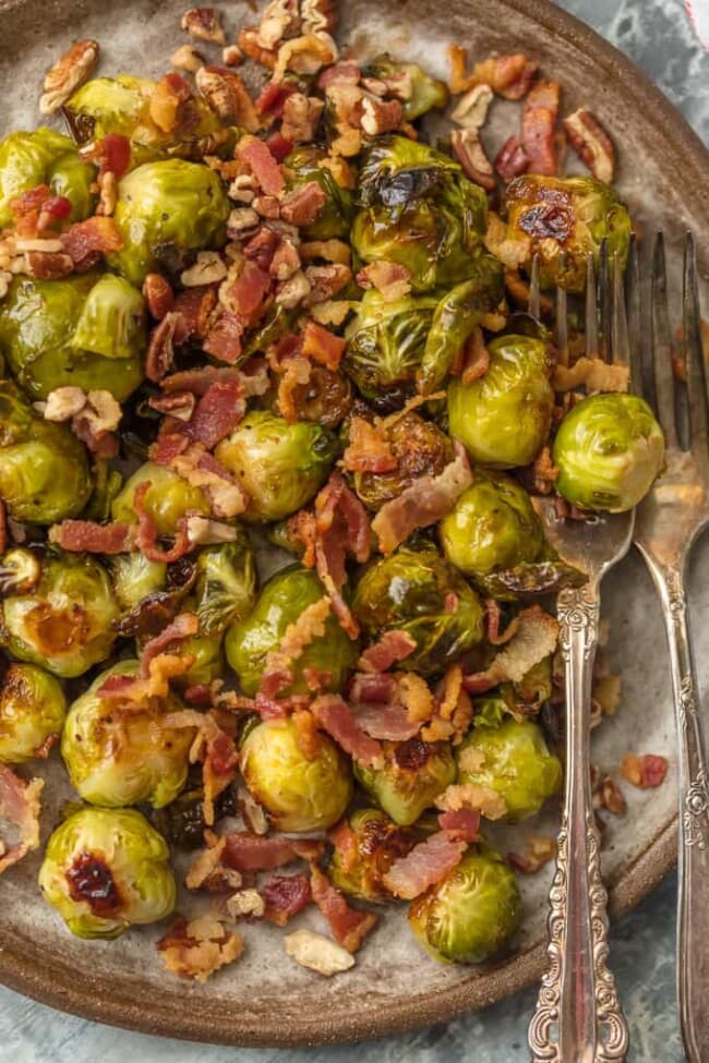 Roasted Balsamic Brussels Sprouts with Bacon and Pecans