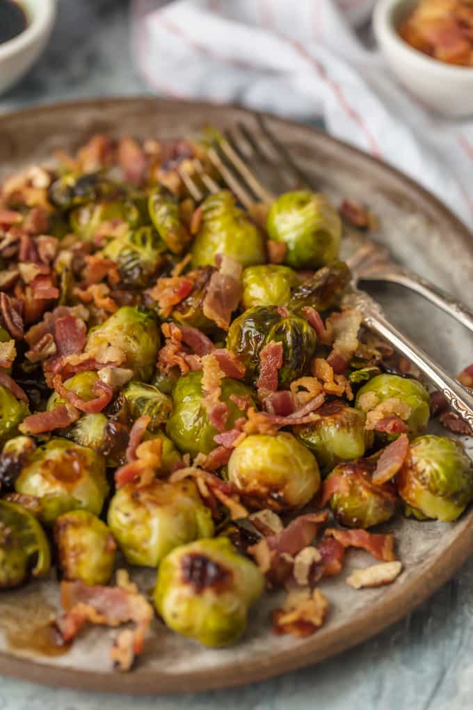Balsamic Brussels Sprouts on a plate with two forks