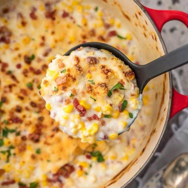 creamed Corn Recipe with Bacon, Parmesan, and Mascarpone is the Thanksgiving Corn Recipe you've been waiting for. This PARMESAN CREAMED CORN WITH BACON AND MASCARPONE is one of our favorite Thanksgiving Side Dish Recipes, but its also great for any time of year. If you're looking for a fabulous and unique gluten free Thanksgiving or Christmas recipe, this Creamed Corn with Bacon