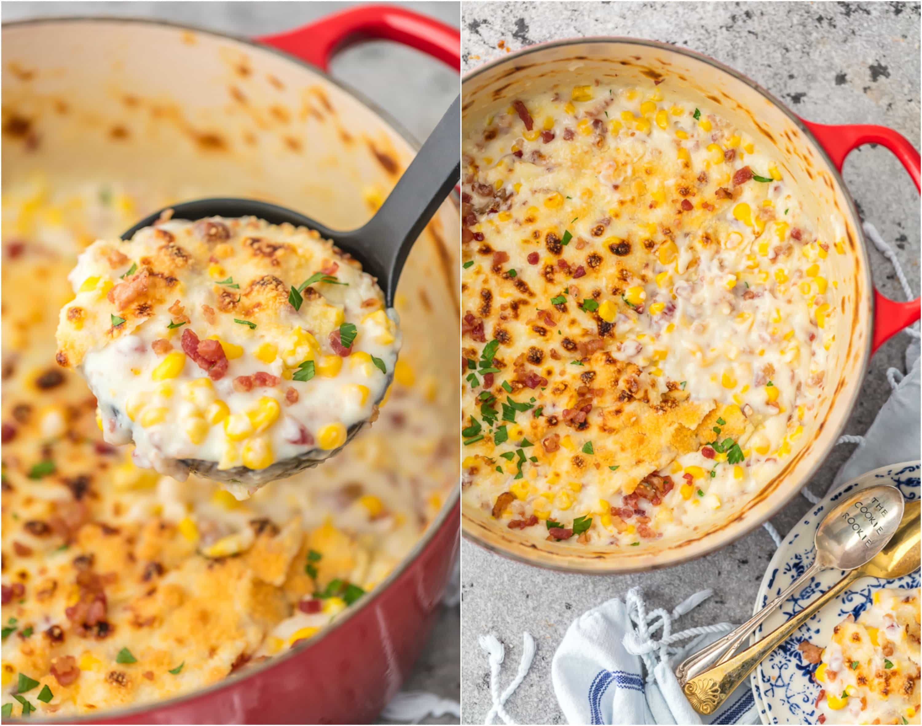 creamed Corn Recipe with Bacon, Parmesan, and Mascarpone in a pot