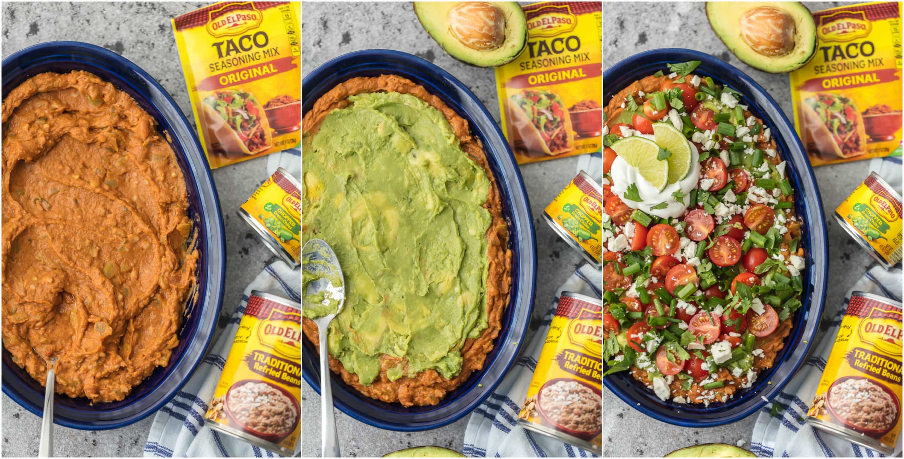 This CRAZY GOOD GUACAMOLE BEAN DIP is layered with spicy refried beans, guacamole, green onion, tomatoes, feta, and more. SO delicious and made in minutes!