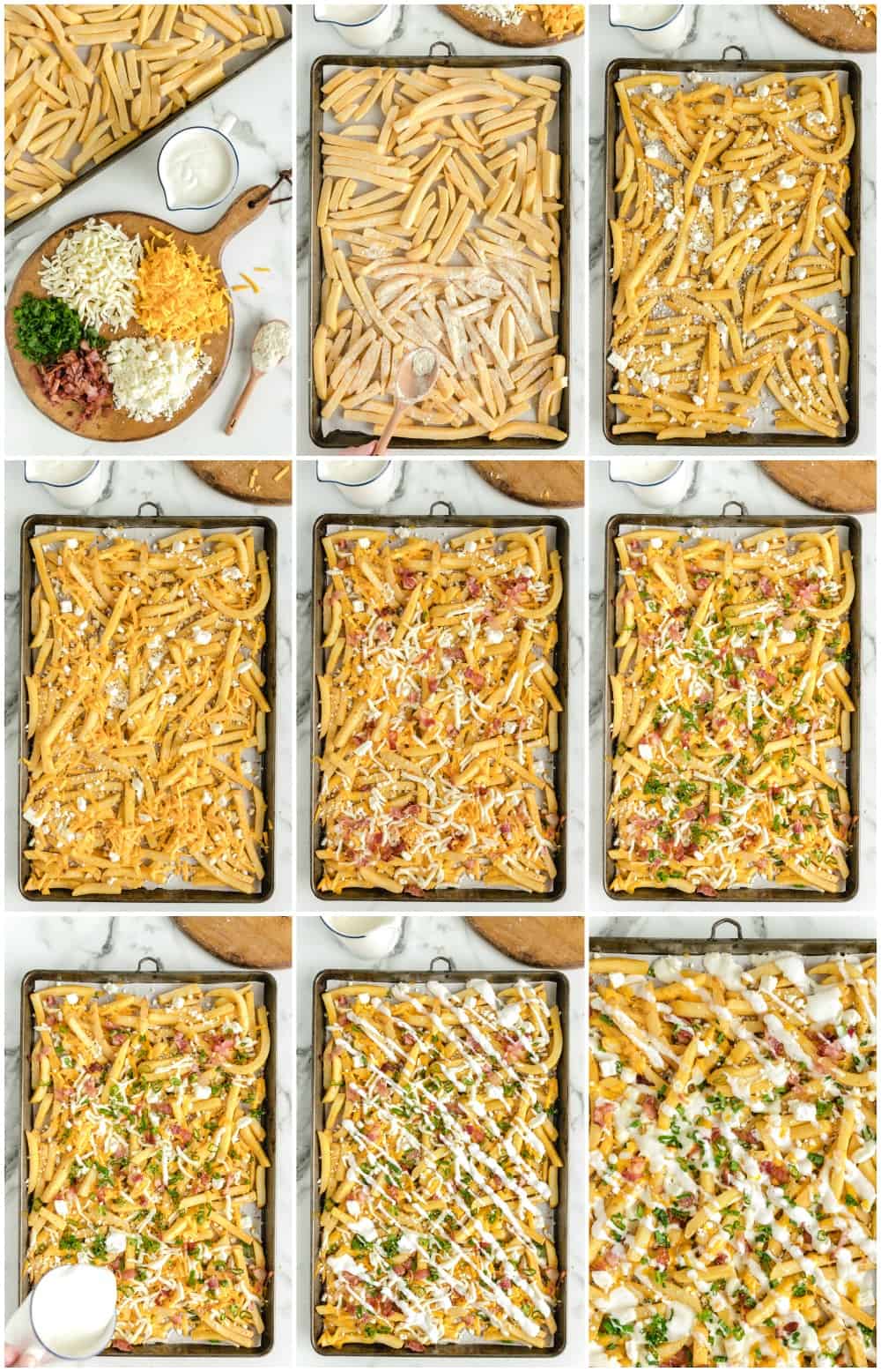 how to make bacon ranch cheese fries: step by step process shot photos of making cheese fries