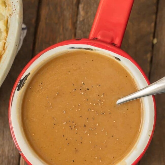 This MAKE AHEAD GRAVY is an absolute must for an easy and stress free Thanksgiving! It's just as delicious with none of the fuss. Gravy at its best to pair with turkey, mashed potatoes, and more!