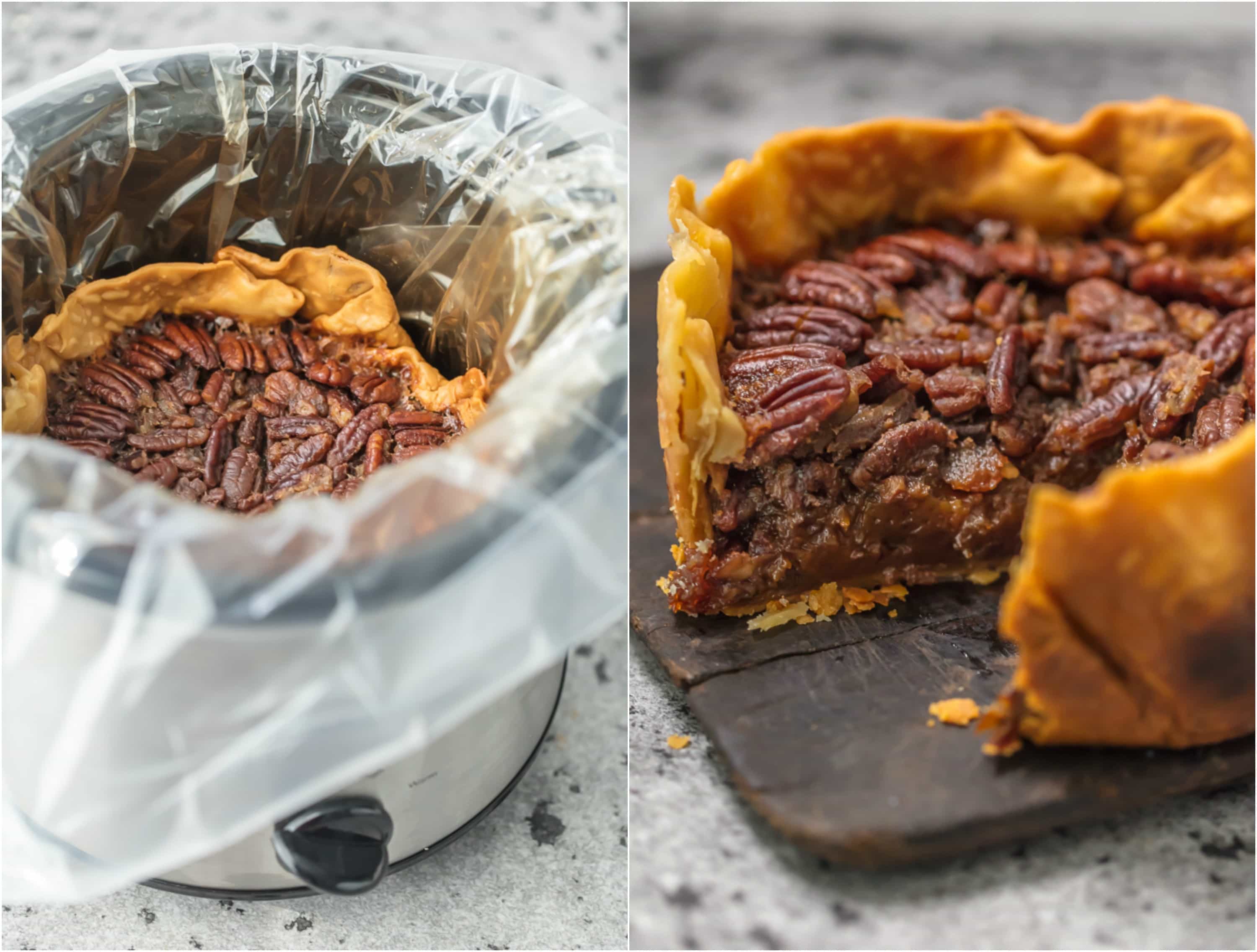 This SLOW COOKER PECAN PIE will knock your socks off and make for a delicious and easy Thanksgiving, Christmas, or Easter! We LOVE Pecan Pie and it's just as delicious made in a crockpot!