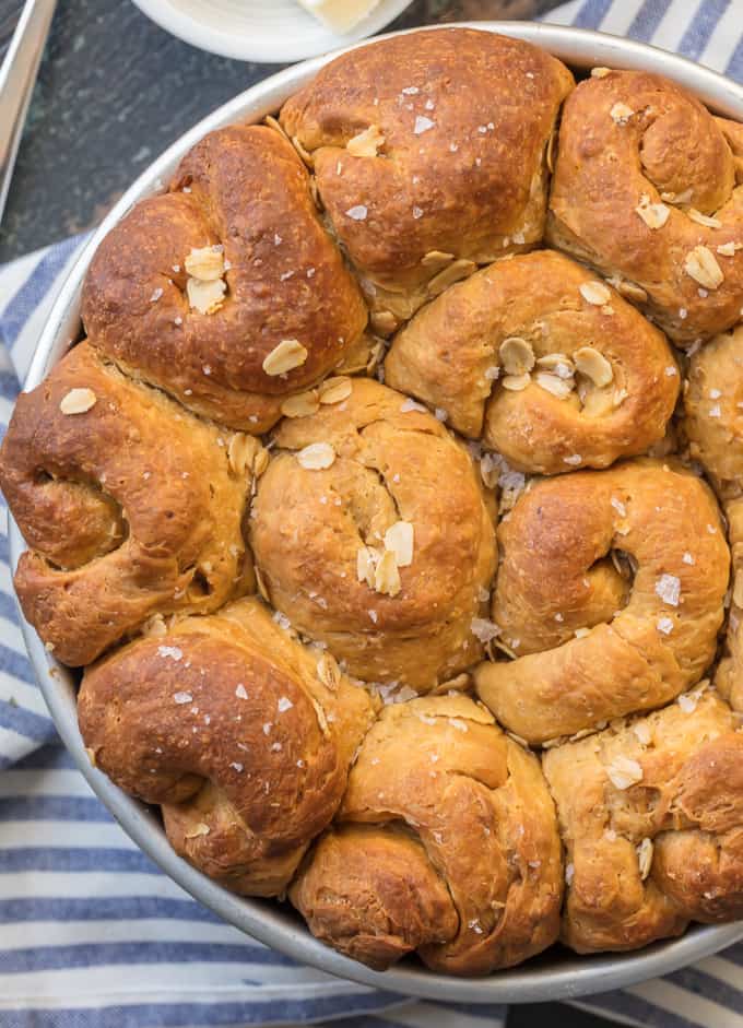 bread pan of oatmeal rolls