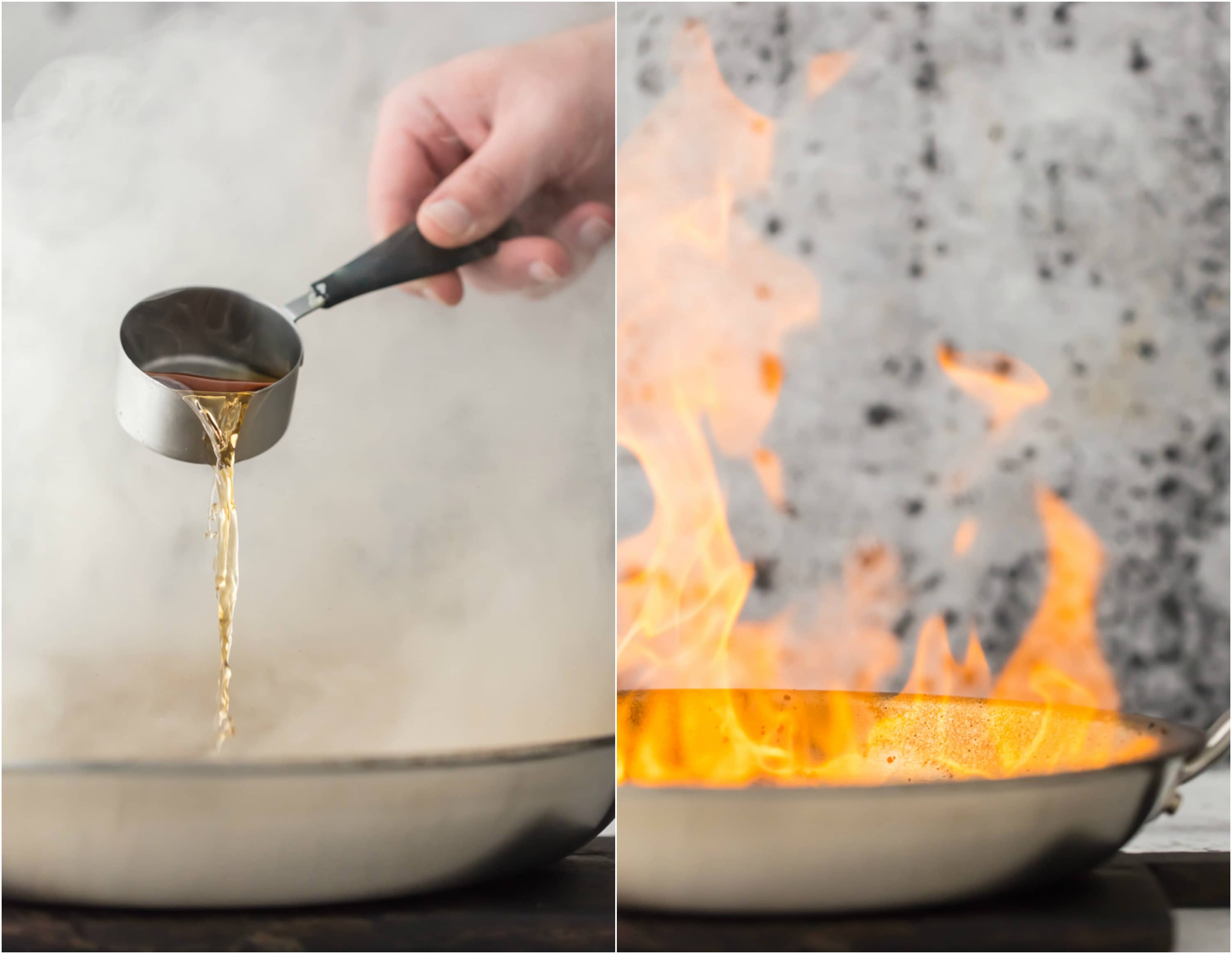 pouring brandy into a skillet with flames