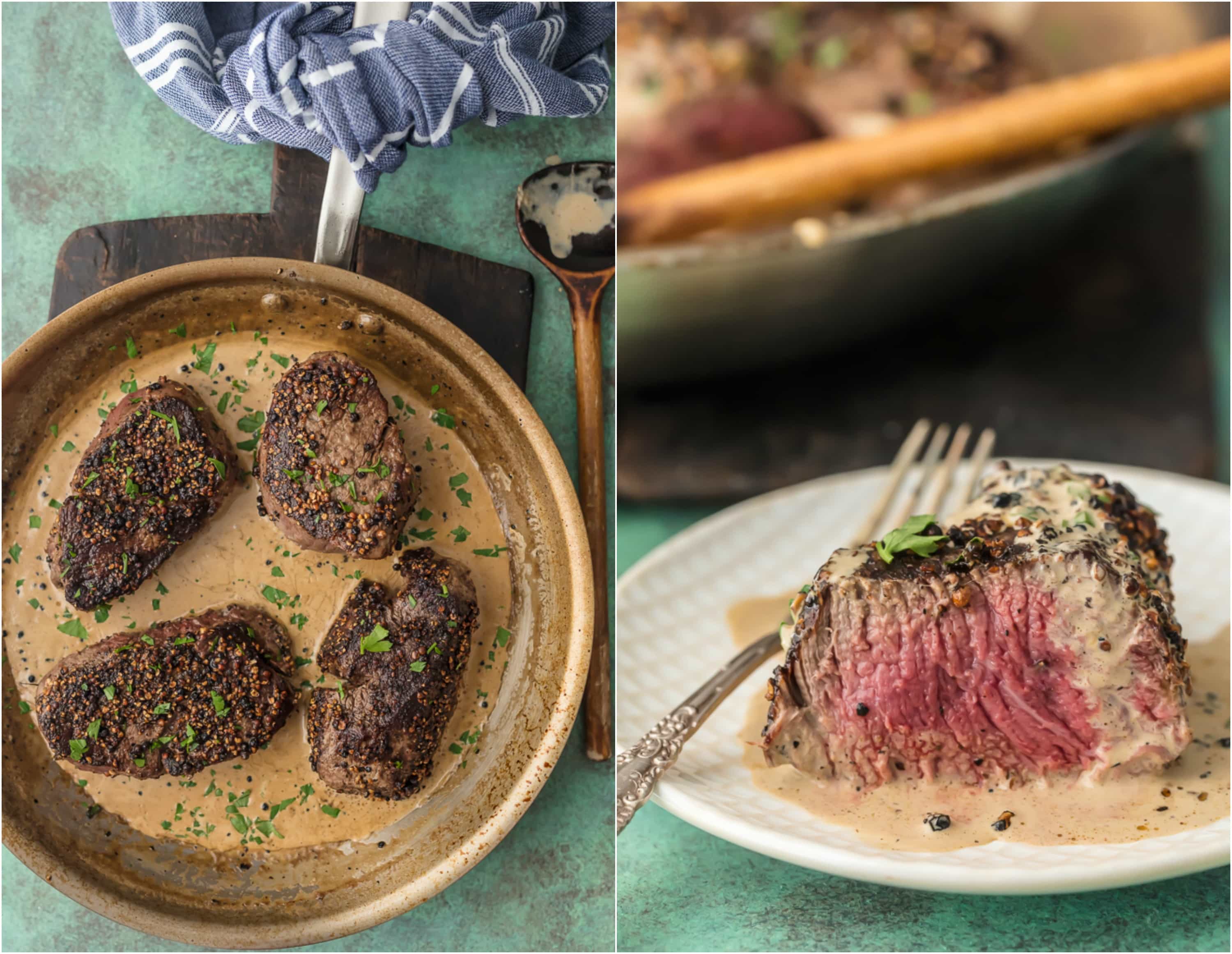 steaks in a skillet and steak on a plate