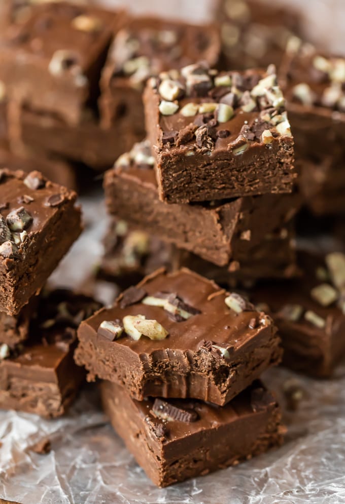 Squares of chocolate fudge with nuts and mint chocolate chips