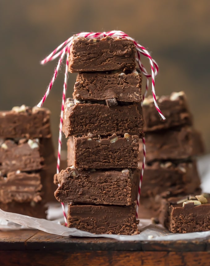 Stack of fudge squares wrapped in red & white string