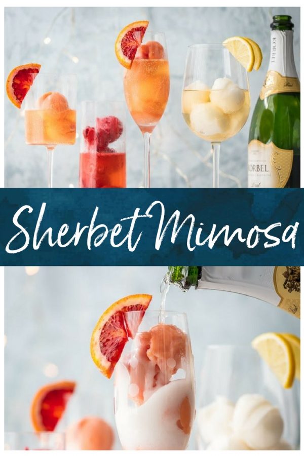 This is one of the BEST MIMOSA RECIPE for any brunch. It would even make a great dessert cocktail.  Sherbet Mimosas are a fun and creative way to dress up any mimosa recipe! Use the ice cream, sherbet, or sorbet flavor of your choice and mix with champagne. It's so fun, delicious, and beautiful! It's the perfect cocktail recipe to make for holidays, bridal showers, and beyond.