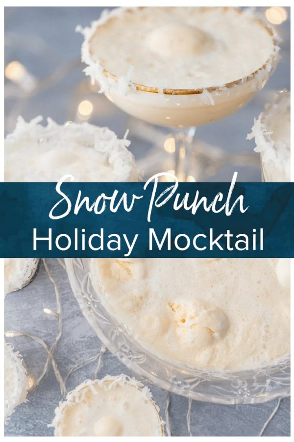 This fun and festive SNOW PUNCH is our favorite non-alcoholic Christmas punch recipe to make around the holidays. Christmas wouldn't be complete without this delicious Holiday mocktail loved by kids and adults alike! SO PRETTY! #mocktail #christmas #holiday #punch #cheers