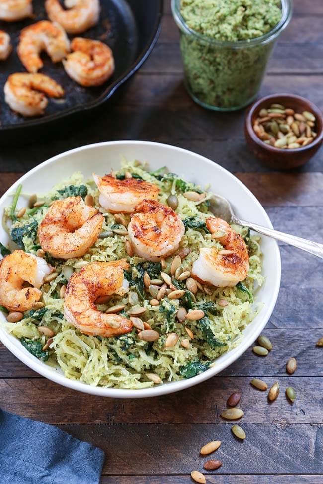 Spaghetti Squash with Sauteed Shrimp and Parsley Pesto | The Roasted Root