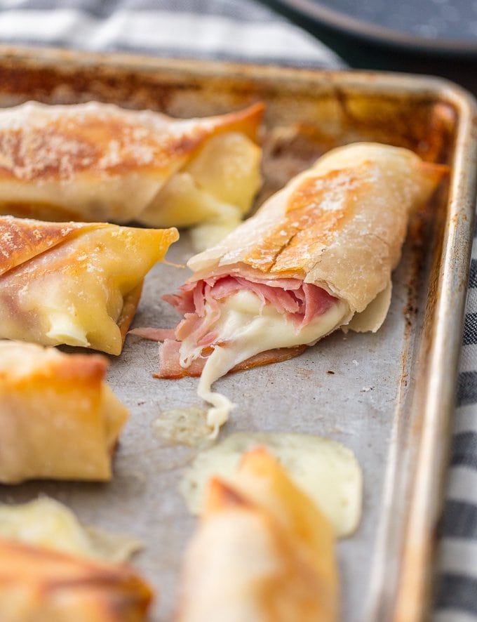 Close up of baked mozzarella stick with ham & cheese