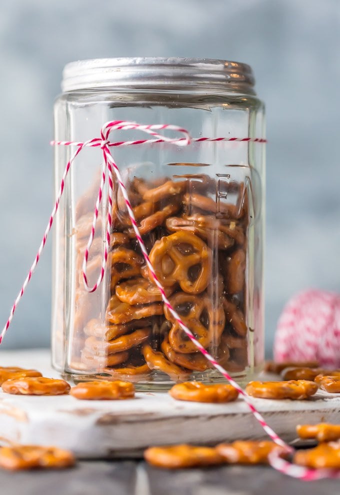 Glass jar filled with caramel pretzels
