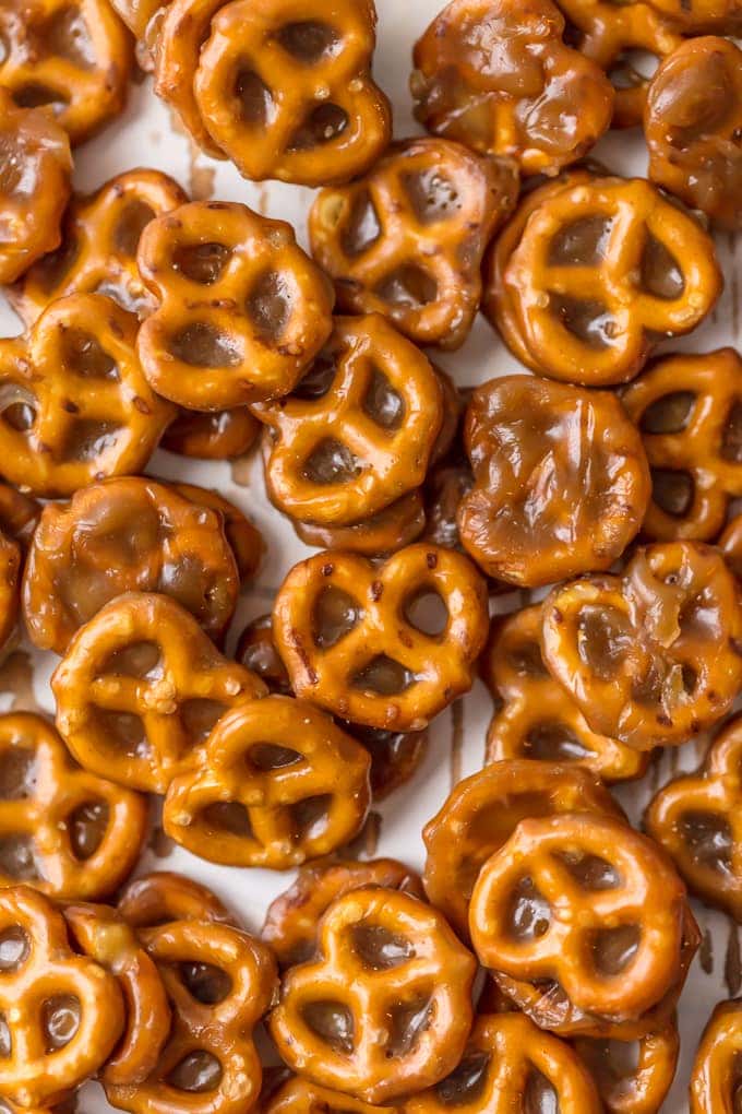 Mini caramel pretzels dipped in butter toffee