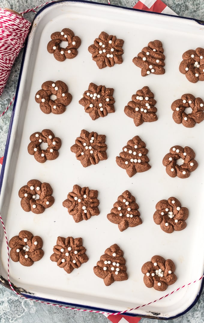 You'll never guess that these CHOCOLATE SPRITZ COOKIES are GLUTEN FREE! Utterly delicious, like little heavenly brownie bites. The ultimate EASY Christmas cookie recipe!