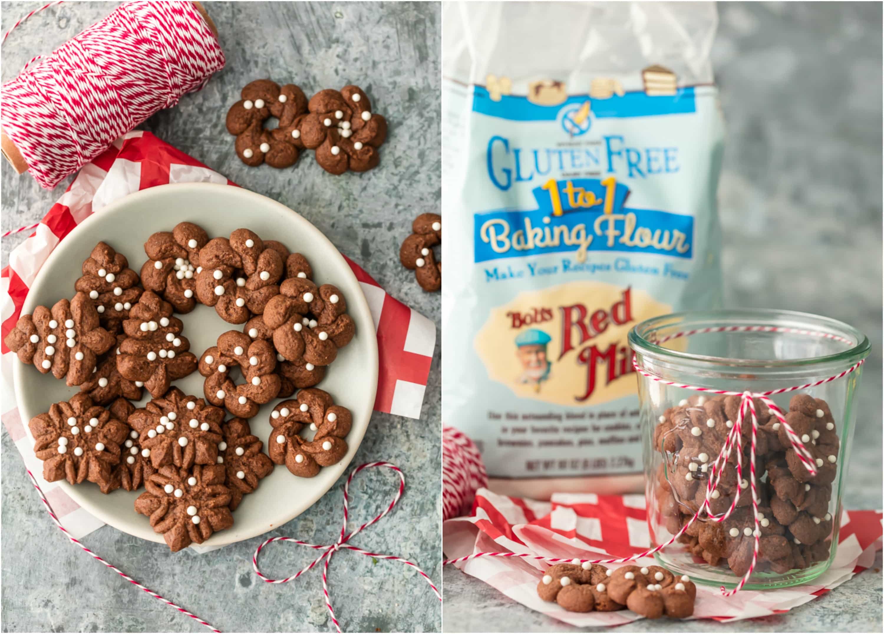 A plate of chocolate spritz cookies with red and white twine