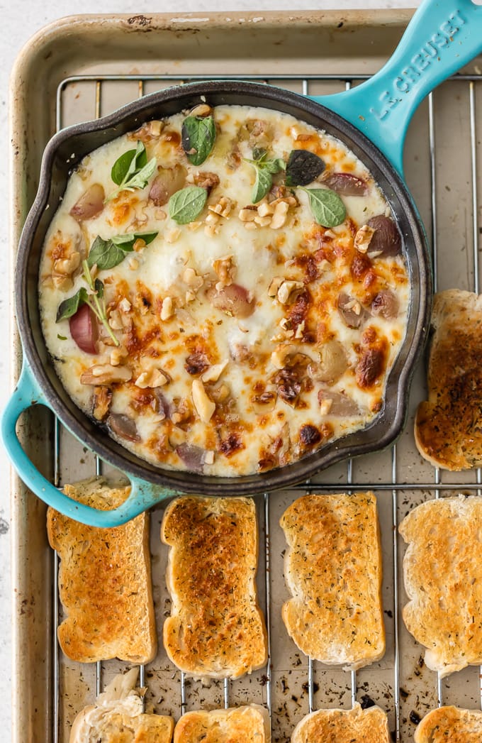 Baked Cheese dip with grapes and walnuts in skillet