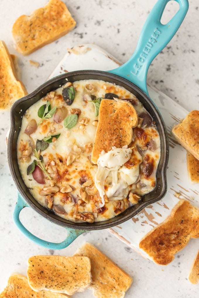 Skillet of baked cheese dip