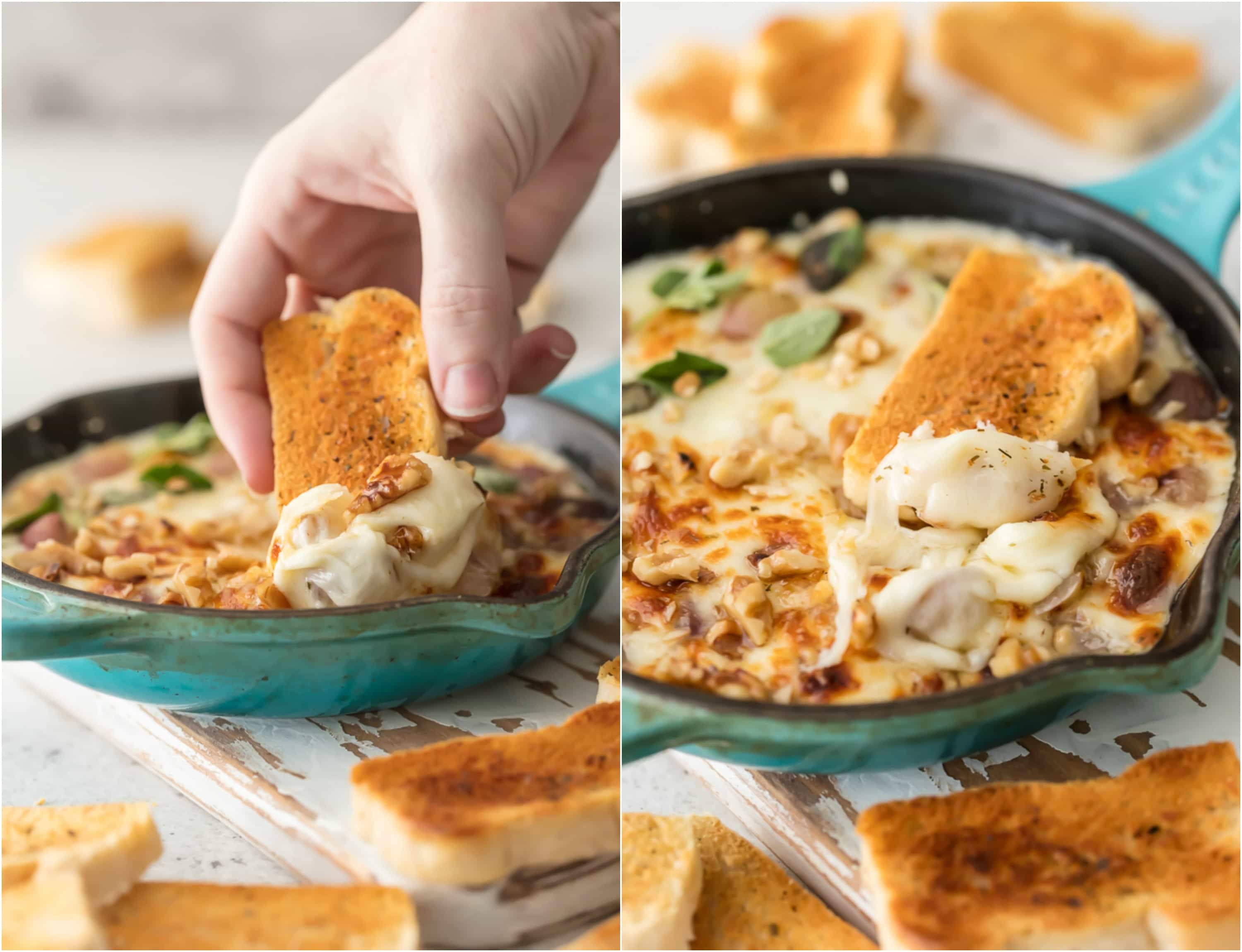  A piece of bread being dipped into baked provolone cheese