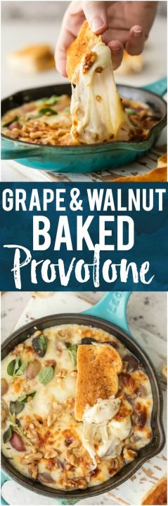 This GRAPE & WALNUT BAKED PROVOLONE is an easy, pretty, and delicious appetizer for the holiday season. Its so full of flavor but only has 3 INGREDIENTS! Obsessed.