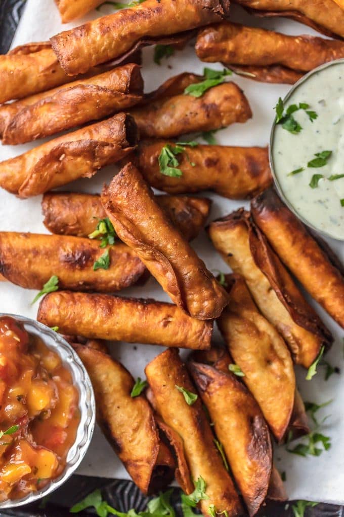 Mini taquitos with dipping sauces