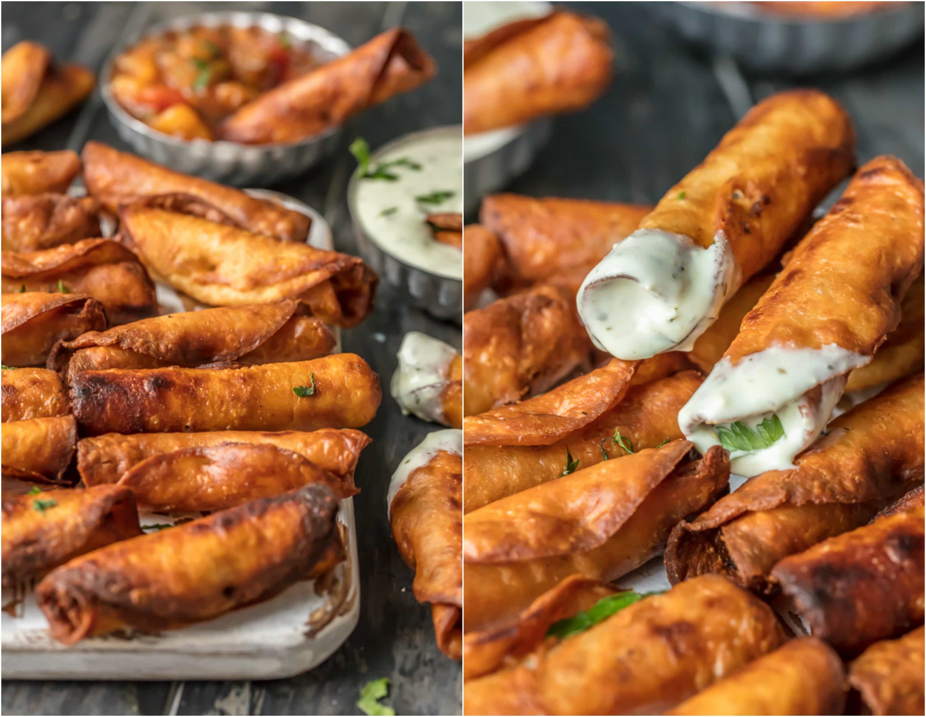 Serving tray of homemade taquitos in dipping sauces