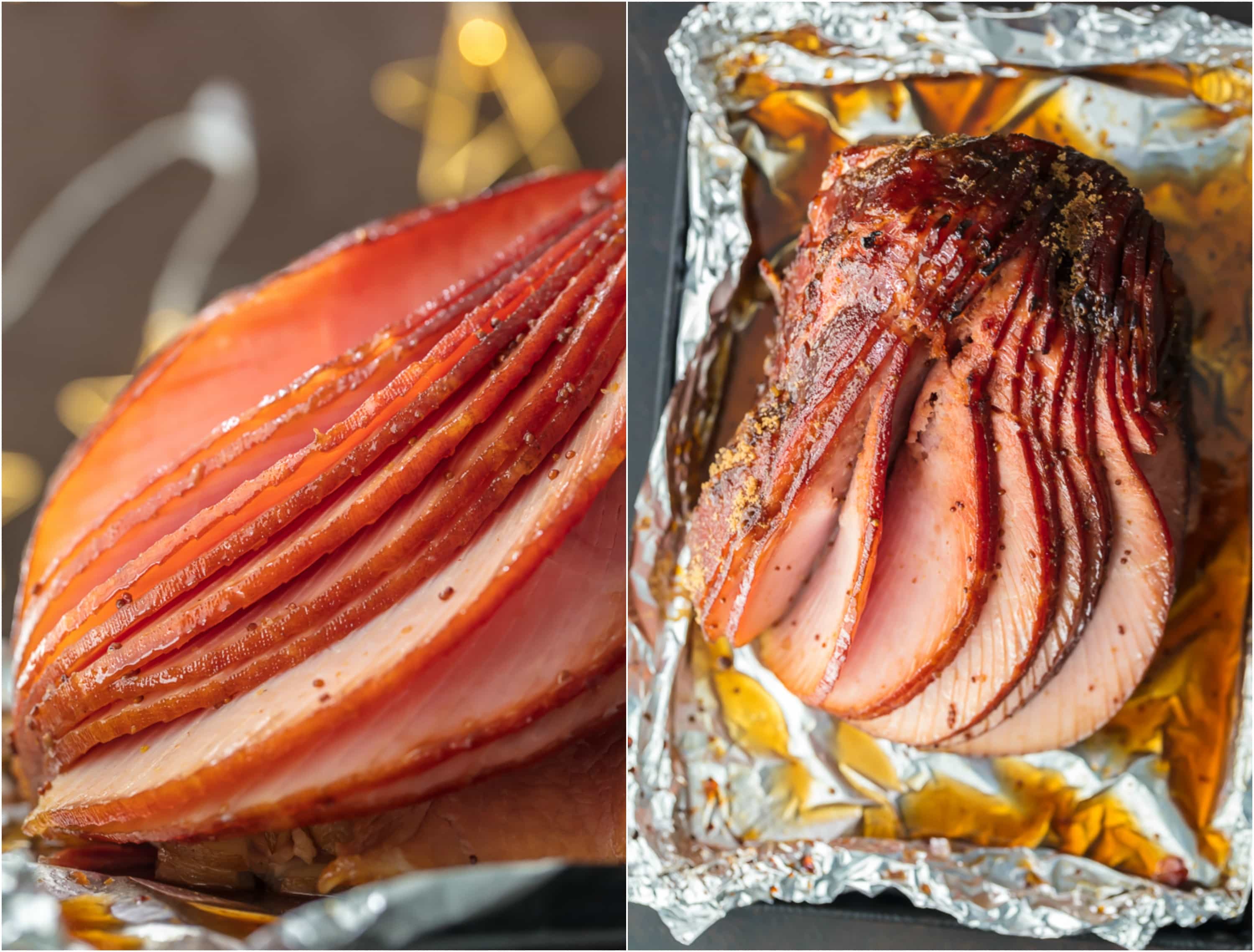 photo collage of sliced honey baked ham, made in an Instant Pot