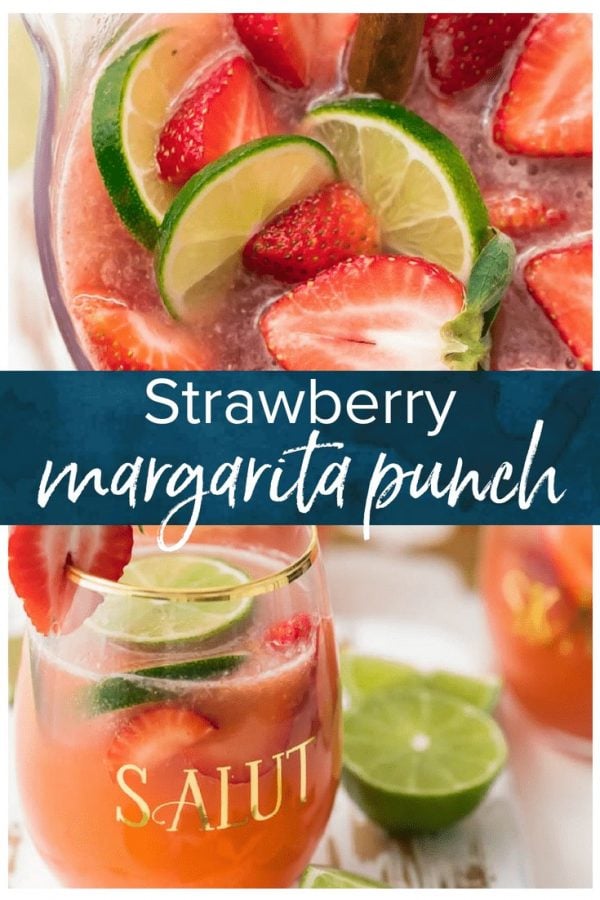 This fun and festive SPARKLING STRAWBERRY MARGARITA PUNCH is such a delicious and easy party drink recipe. Strawberry Limeade meets Margaritas in the most amazing beverage. Cheers to New Years Eve, Cinco De Mayo, and more!